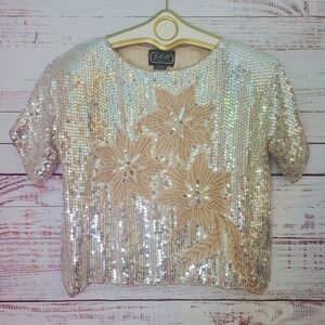 J.L.B. SILK Sequined Silver Top Vintage Formal Women's Medium Beaded